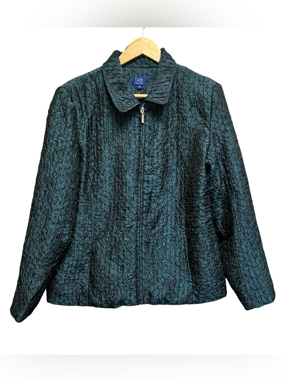 TABI Metallic Teal Blue Crinkle Zip Jacket Size L Silky Lining